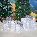 8 in., 10 in. & 12 in. Glittered White Gift Boxes with 70 Cool White Twinkle LED Lights (Set of 3)
