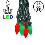 25 Red & Green Ceramic LED C9 Pre-Lamped String Lights Green Wire
