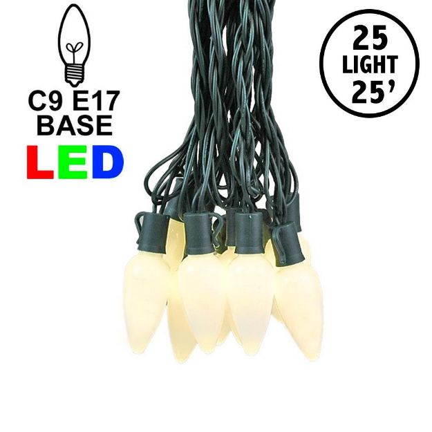 25 Warm White Ceramic LED C9 Pre-Lamped String Lights Green Wire