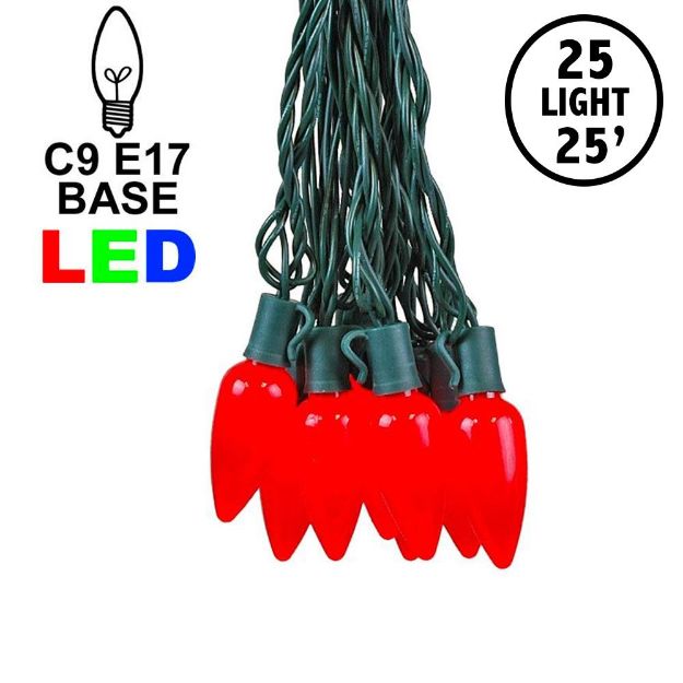 25 Red Ceramic LED C9 Pre-Lamped String Lights Green Wire