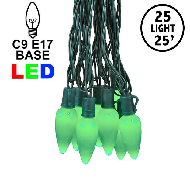 25 Green Ceramic LED C9 Pre-Lamped String Lights Green Wire
