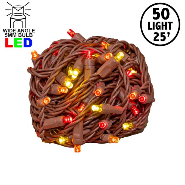 Commercial Grade Wide Angle 50 LED Y/RE/OR 25' Long on Brown Wire