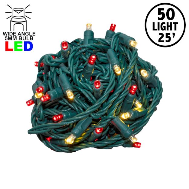 Commercial Grade Wide Angle 50 LED Red/Warm White 25' Long on Green Wire
