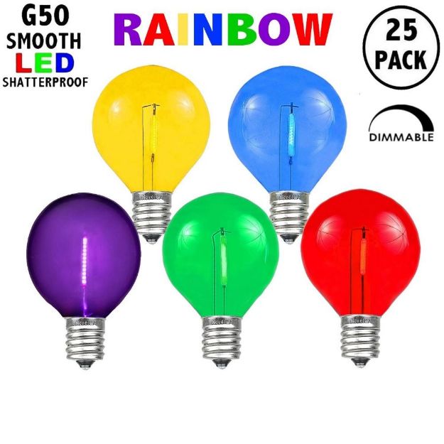 Rainbow Color LED G50 Plastic Filament LED Globe Bulbs - 25pk