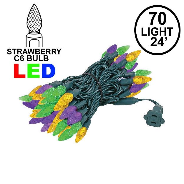 Yellow Teal Pink 70 LED C6 Strawberry Mini Lights Commercial Grade on Green Wire