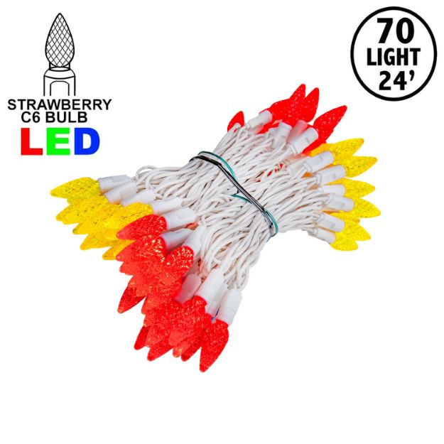 Red and Yellow 70 LED C6 Strawberry Mini Lights Commercial Grade on White Wire