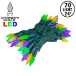 Purple Green and Yellow 70 LED C6 Strawberry Mini Lights Commercial Grade on Green Wire