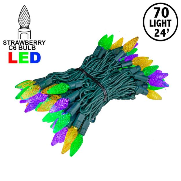 Purple Green and Yellow 70 LED C6 Strawberry Mini Lights Commercial Grade on Green Wire