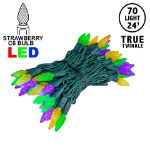 *NEW* True Twinkle Yellow/Purple/Green 70 LED C6 Strawberry Mini Lights Commercial Grade on Green Wire