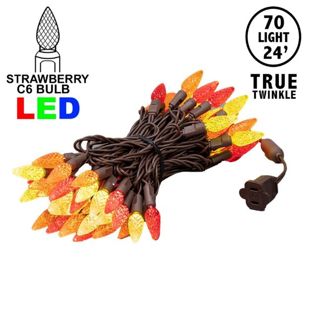 *NEW* True Twinkle Yellow/Red/Orange 70 LED C6 Strawberry Mini Lights Commercial Grade on Brown Wire