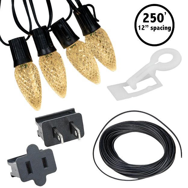 C9 Pro Decorator Kit - 250' LED Diamond Faceted Warm White Black Wire w/12" Bulb Spacing