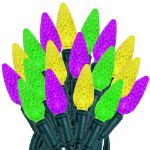 Purple Green and Yellow 70 LED C6 Strawberry Mini Lights Commercial Grade on Green Wire