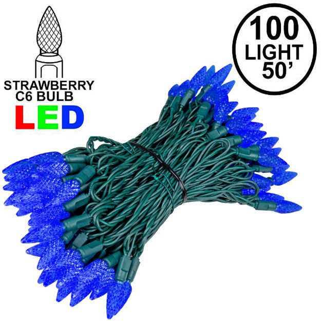 Blue 100 LED C6 Strawberry Mini Lights Commercial Grade Green Wire