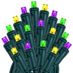 Commercial Grade Wide Angle 100 LED Yellow Purple Green 50' Long on Green Wire