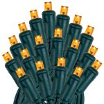 50 LED Orange (amber) LED Christmas Lights 11' Long on Green Wire