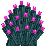 50 LED Pink LED Christmas Lights 11' Long on Green Wire