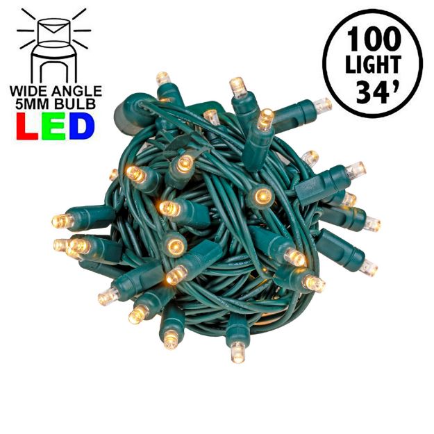 Commercial Grade Wide Angle 100 LED Sun Warm White 34' Long on Green Wire