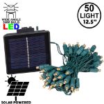 Warm White LED Solar Powered Lights 50 Light String 3" Spacing Green Wire