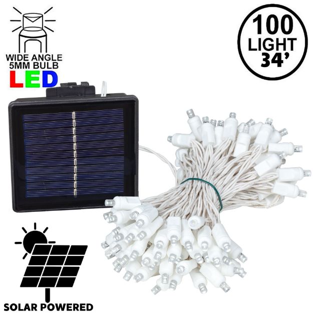 Pure White LED Solar Powered Lights 100 Light String 4" Spacing White Wire