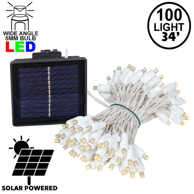 Warm White LED Solar Powered Lights 100 Light String 4" Spacing White Wire