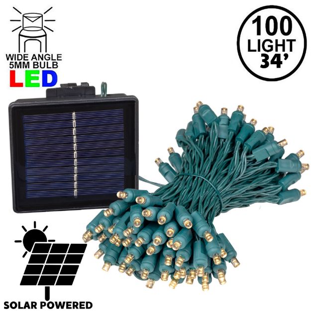 Warm White LED Solar Powered Lights 100 Light String 4" Spacing Green Wire