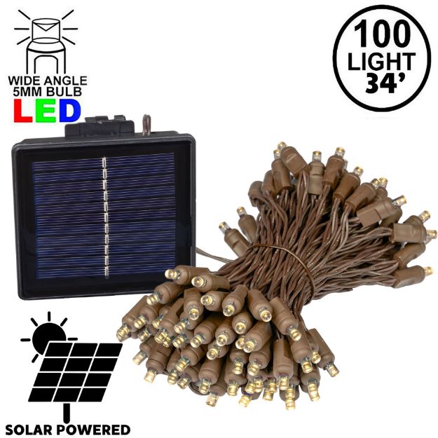 Warm White LED Solar Powered Lights 100 Light String 4" Spacing Brown Wire 