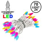 Yellow Teal Pink 70 LED C6 Strawberry Mini Lights Commercial Grade on White Wire