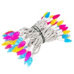 Yellow Teal Pink 70 LED C6 Strawberry Mini Lights Commercial Grade on White Wire