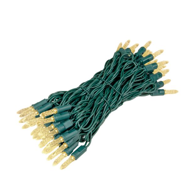 Warm white M5 faceted LED mini light bulbs on green wire