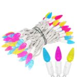 Yellow Teal Pink 70 LED C6 Strawberry Mini Lights Commercial Grade on White Wire