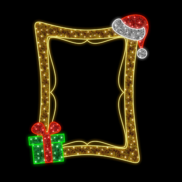 7' Frame with Santa hat and Gift Warm White, Red and Green Lights