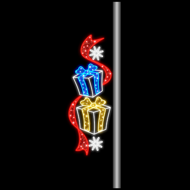6' Pole Mount with 2 Gifts and Ribbon Warm White, Red and Blue LEDs
