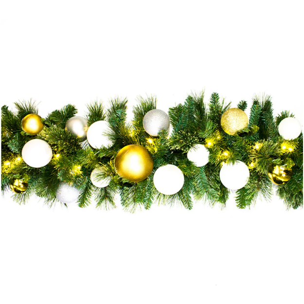 9' Sequoia Garland with Warm White LED Lights and Treasure Themed Ornaments