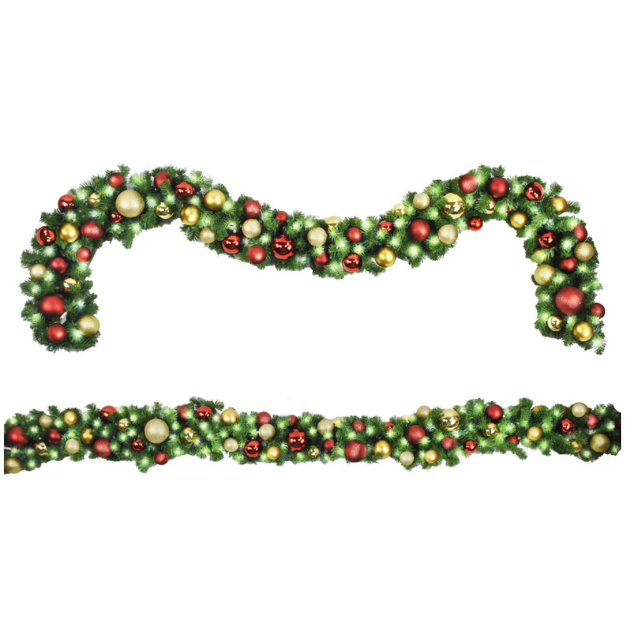 9' Sequoia Garland with Warm White LED Lights and Traditional Themed Ornaments