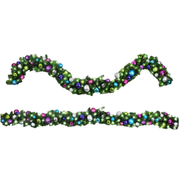 9' Sequoia Garland with Warm White LED Lights and Victorian Themed Ornaments