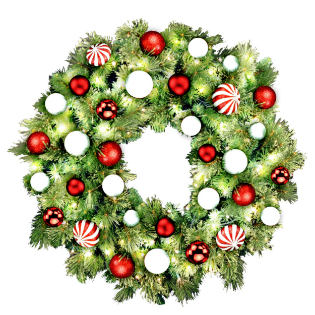 36" Sequoia Wreath with Warm White LED Lights and Candy Themed Ornaments