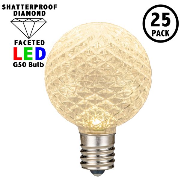 Warm White Diamond Faceted LED G50 Globe Bulbs - 25pk