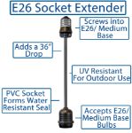 36" Medium Base (E26) Socket Extender (Drop) – Black