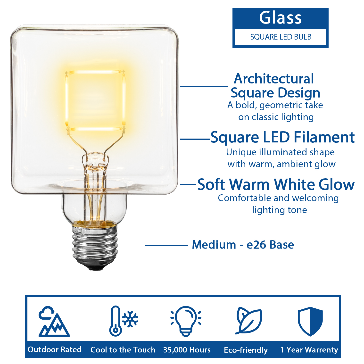 LED Square Warm White Medium Base Glass Filament Bulb - Novelty ...