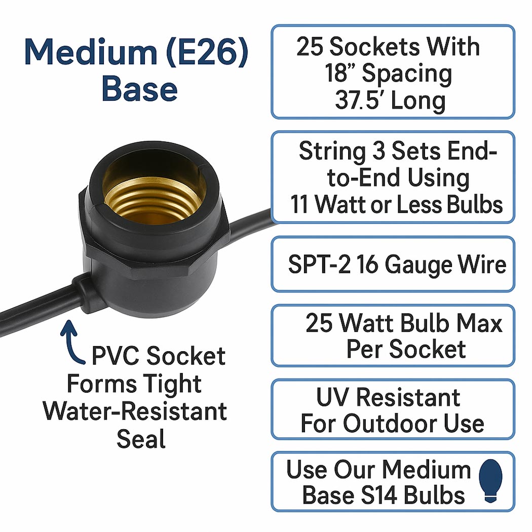 Led String Light Base 37.5' Commercial Outdoor String Lights With Medium Base on Black Wire ...