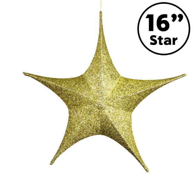16" Fold Flat Star w/Glitter Mesh Fabric - Gold 