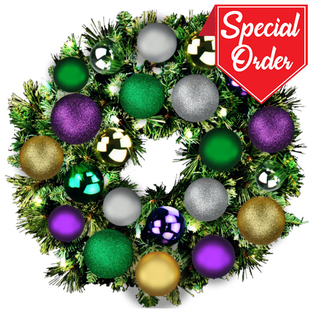24" Sequoia Wreath with Warm White LED Lights and Mardi Gras Themed Ornaments