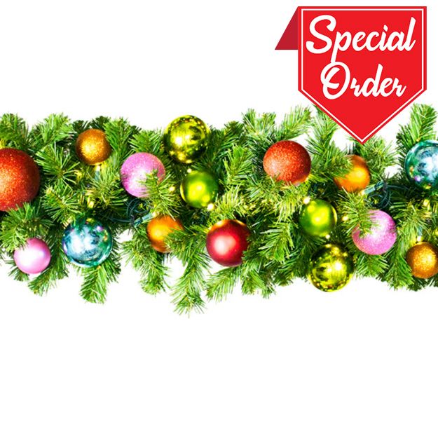 9' Blended Pine Garland Pre-Lit with Warm White LEDs Decorated with the Tropical Ornament Collection