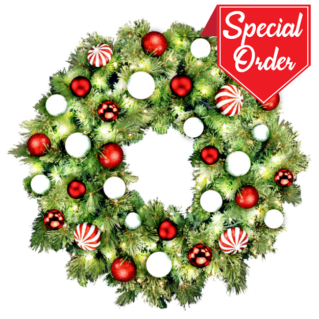 36" Sequoia Wreath with Warm White LED Lights and Candy Themed Ornaments