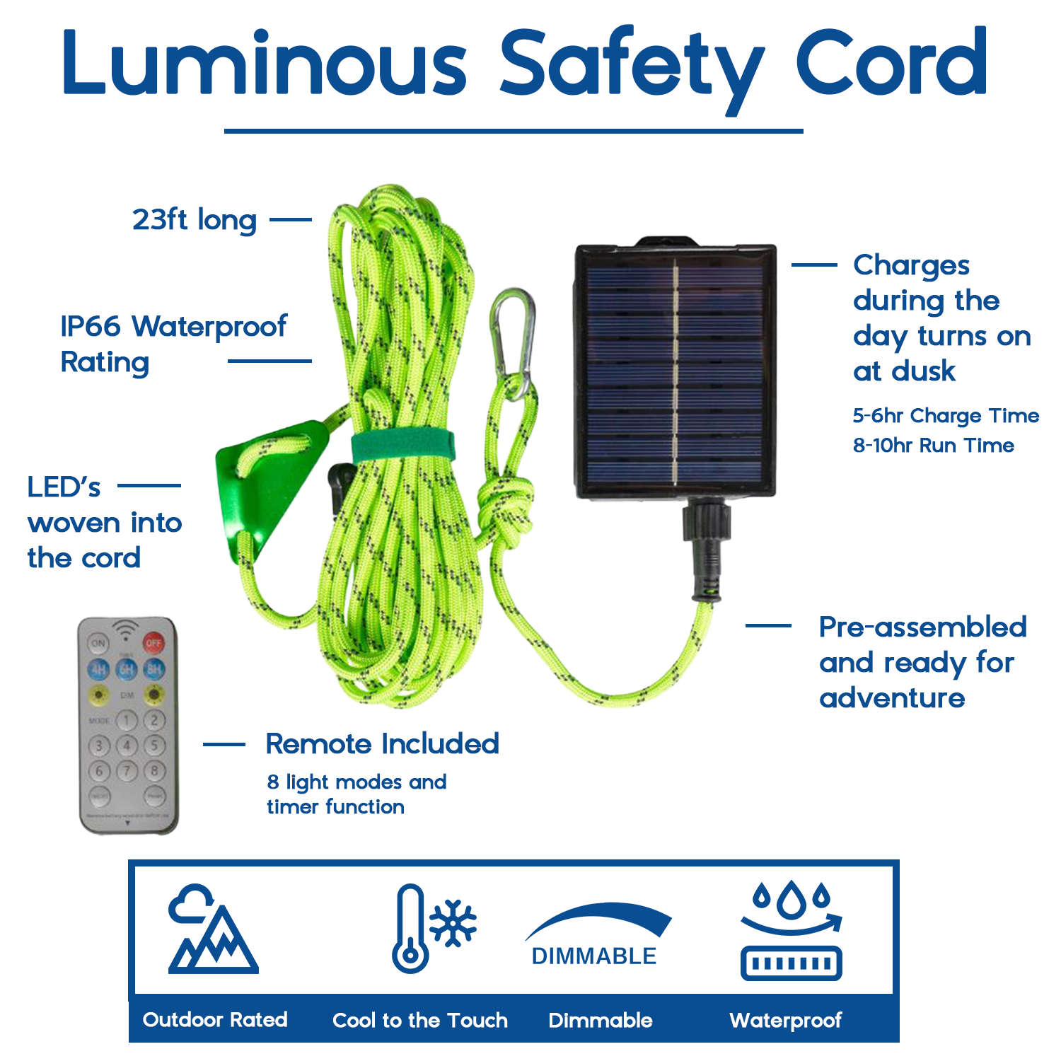Solar Safety Rope 23 ft Green Solar Luminous Safety Rope – Glow-in-the-Dark, Outdoor ...