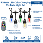 48' RGBWW 24 LED S14 Patio Light String 24" Spacing w/Remote - Black Wire