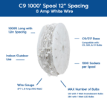 Novelty Lights C9 1000' Spool 12" Spacing 8 Amp SPT-1 White Wire