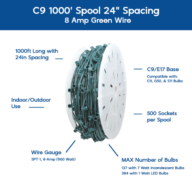 C9 1000' Green Wire Spool With 500 Sockets, 24