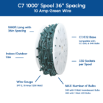 Premium Commercial Grade 10 Amp C7 1000' Spool 36" Spacing Green Wire