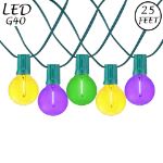 25 LED Filament G40 Globe String Light Set with Transparent Yellow, Purple & Green Bulbs on Green Wire